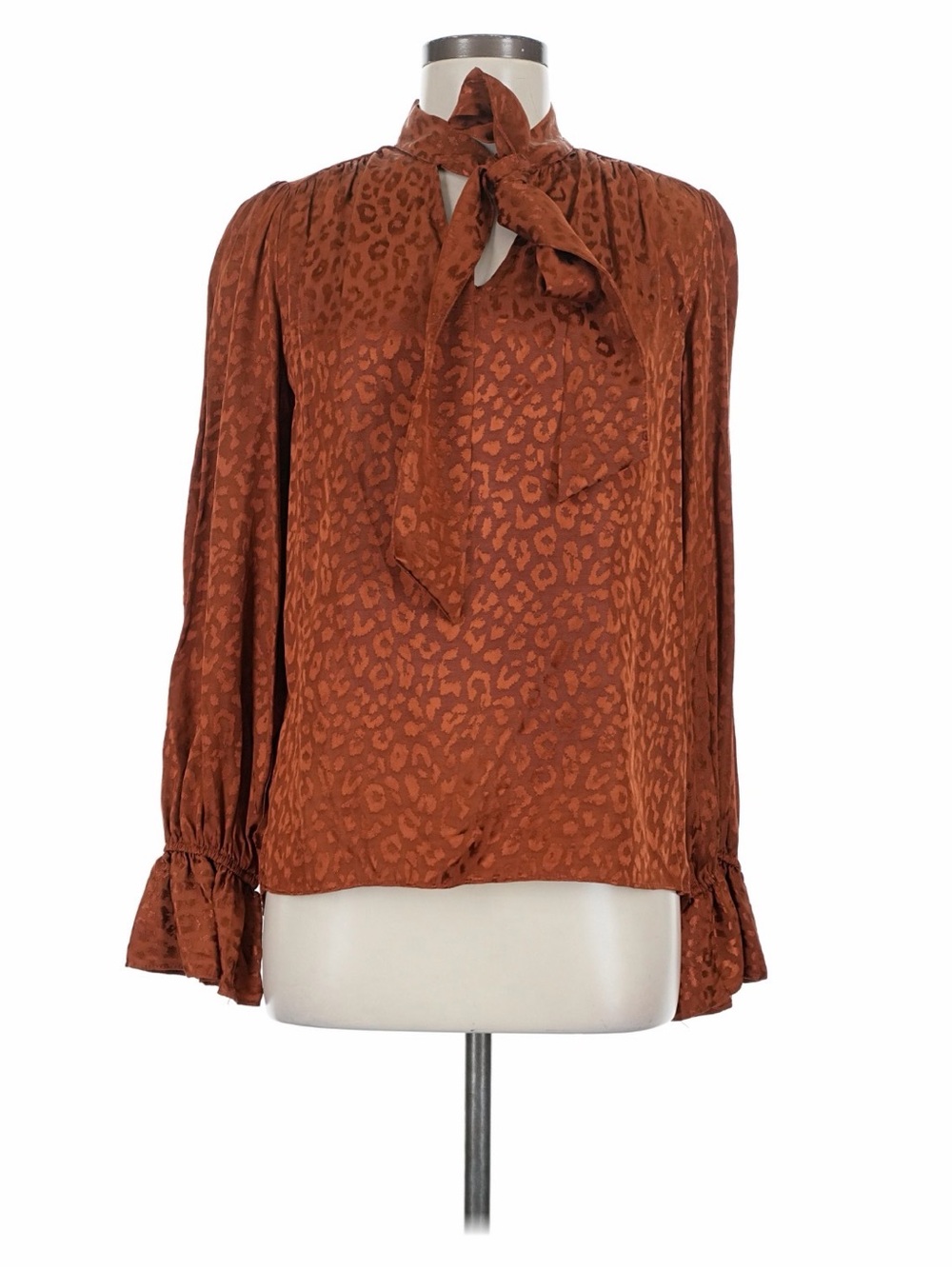 Tie-Neck Long-Sleeve Leopard Jacquard Blouse - Rust